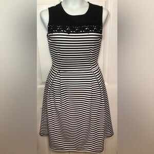 Suzy Shier Striped Sleeveless Lace Dress Sz L Black White